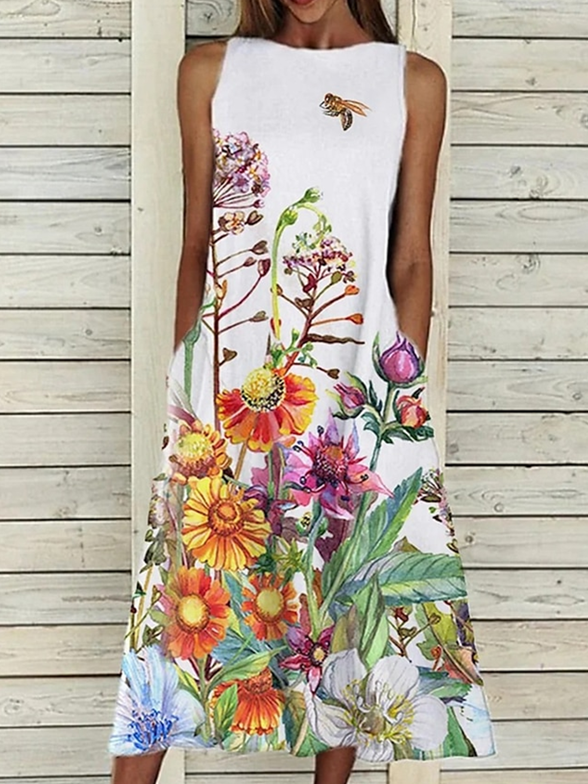 Women Floral Crew Neck Sleeveless Comfy Casual Maxi Dress