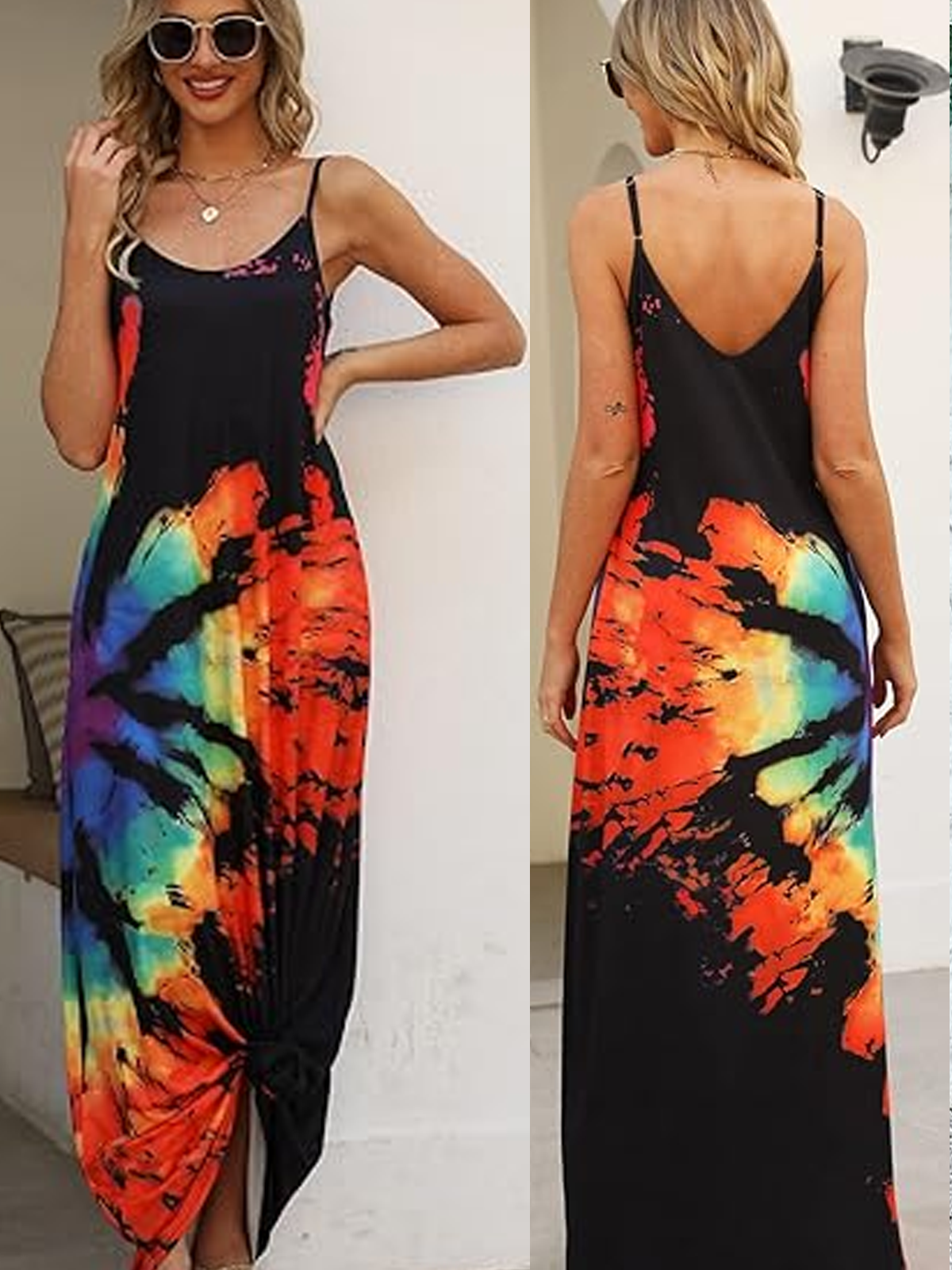 Women Tie Dye Crew Neck Gallus Comfy Casual Maxi Dress