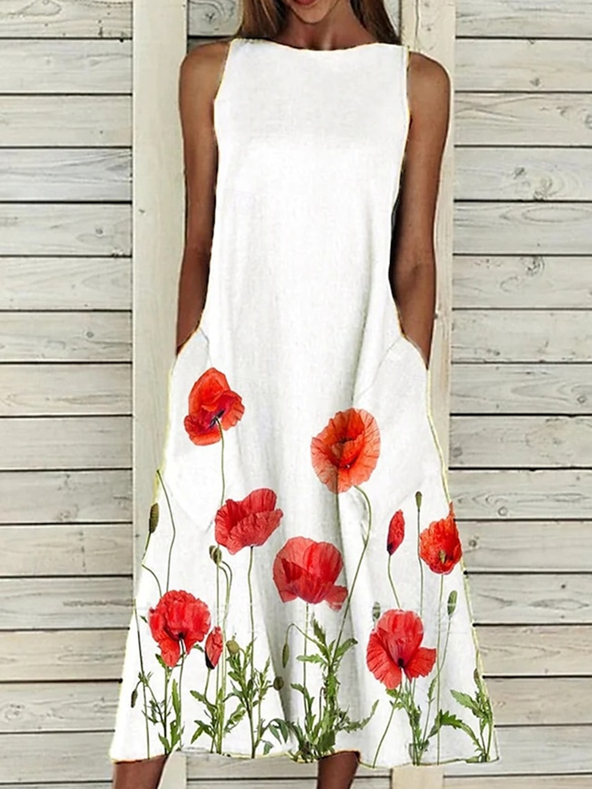 Women Floral Crew Neck Sleeveless Comfy Casual Maxi Dress