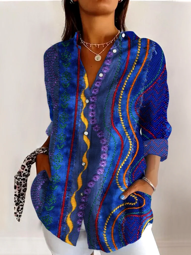 Shirt Collar Long Sleeve Floral Regular Micro-Elasticity Regular Fit Shirt For Women