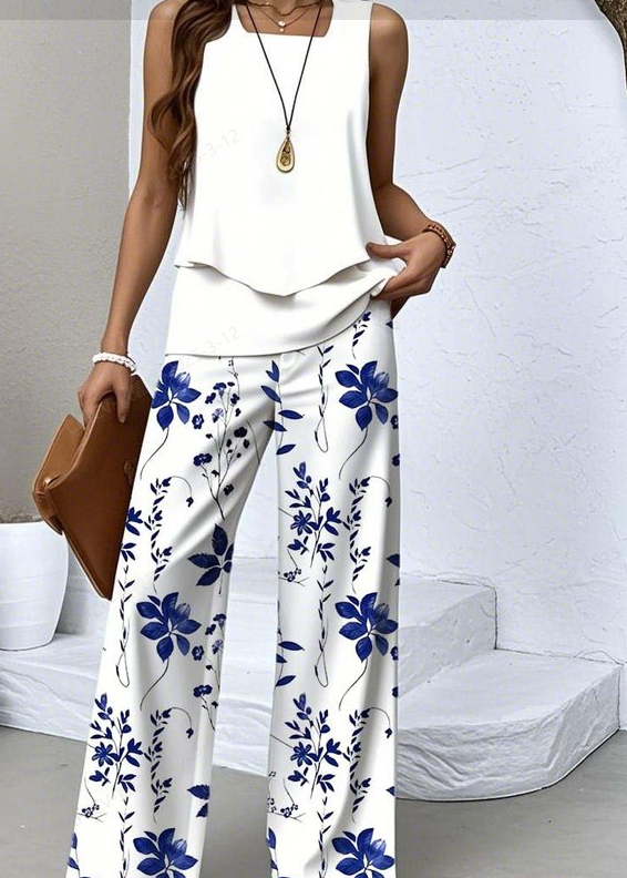 Women Floral Two-Piece Set Daily Sleeveless Casual Summer Top With Pants Matching Set