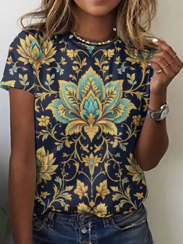 Casual Floral Crew Neck Short Sleeve T-shirt