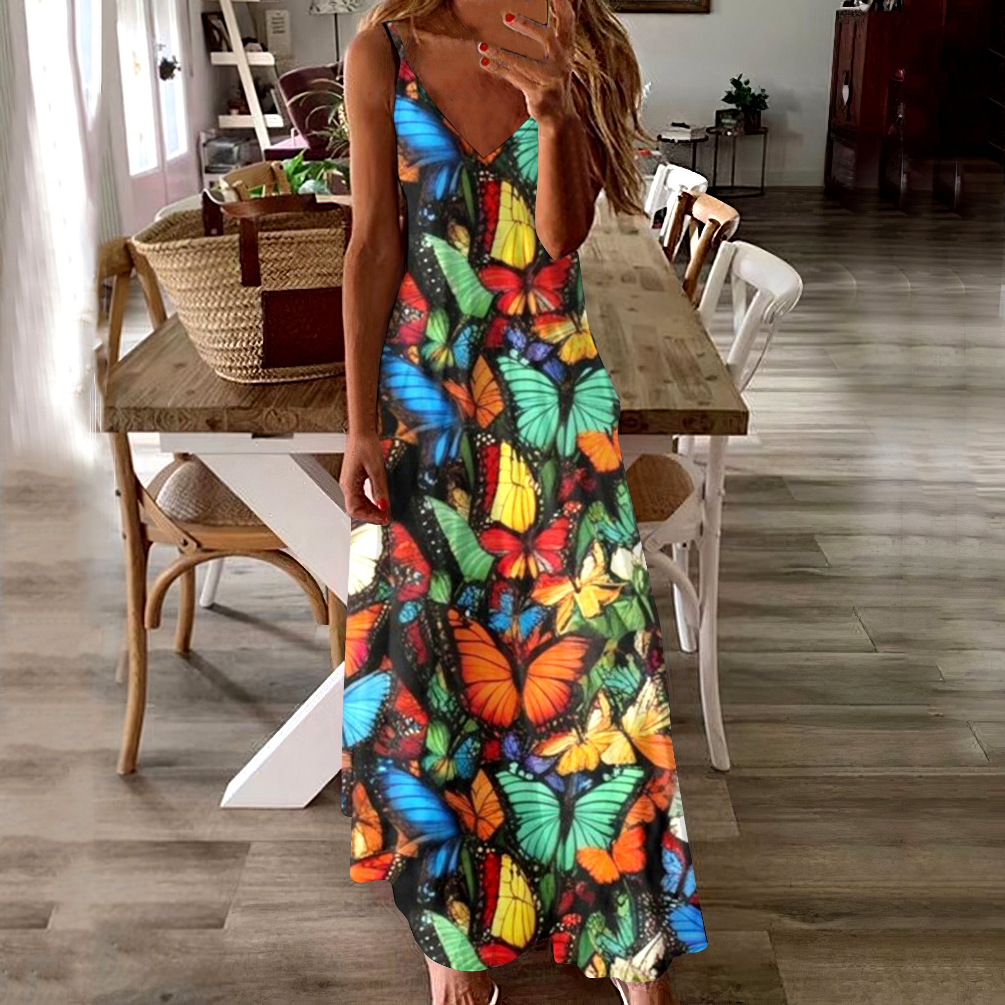 Women Geometric Spaghetti Sleeveless Comfy Casual Maxi Dress