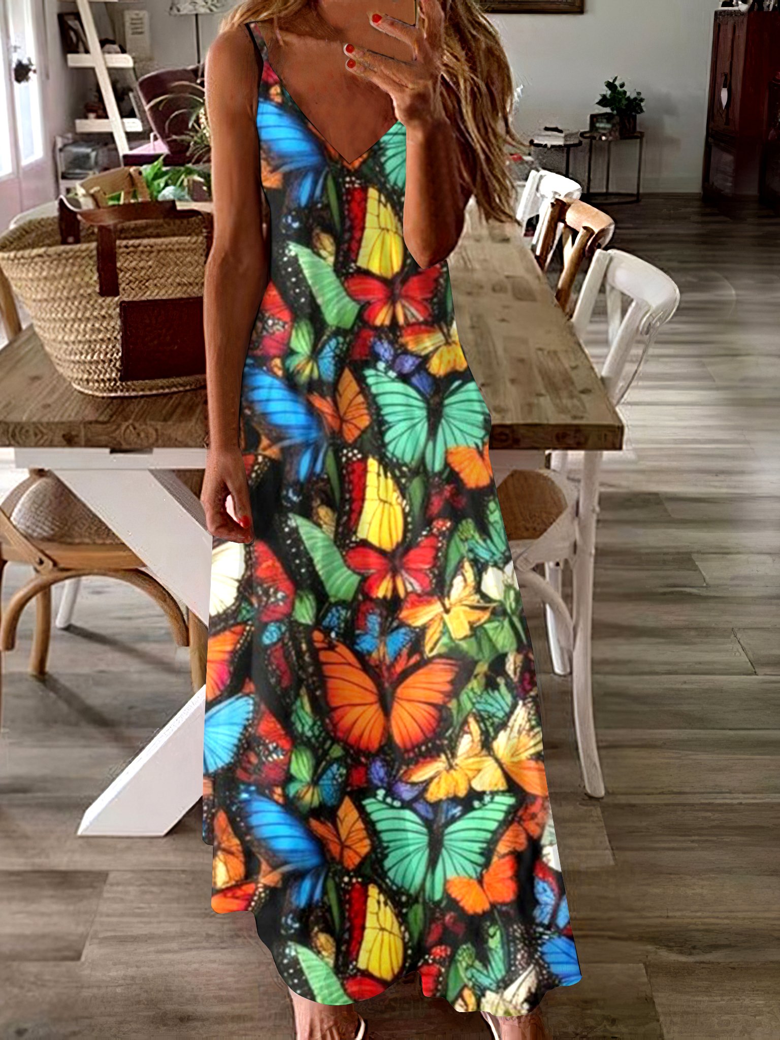 Women Geometric Spaghetti Sleeveless Comfy Casual Maxi Dress