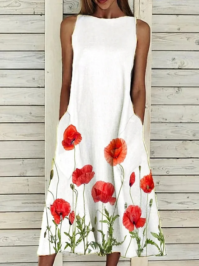 Women Floral Crew Neck Sleeveless Comfy Casual Maxi Dress