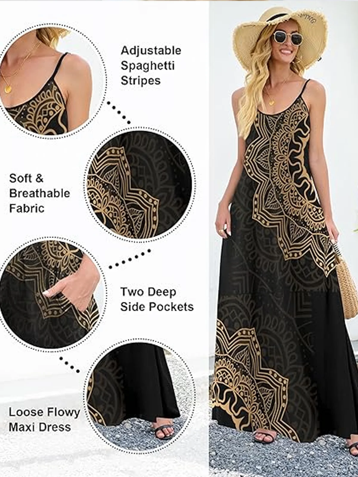 Women Floral Crew Neck Gallus Comfy Casual Maxi Dress