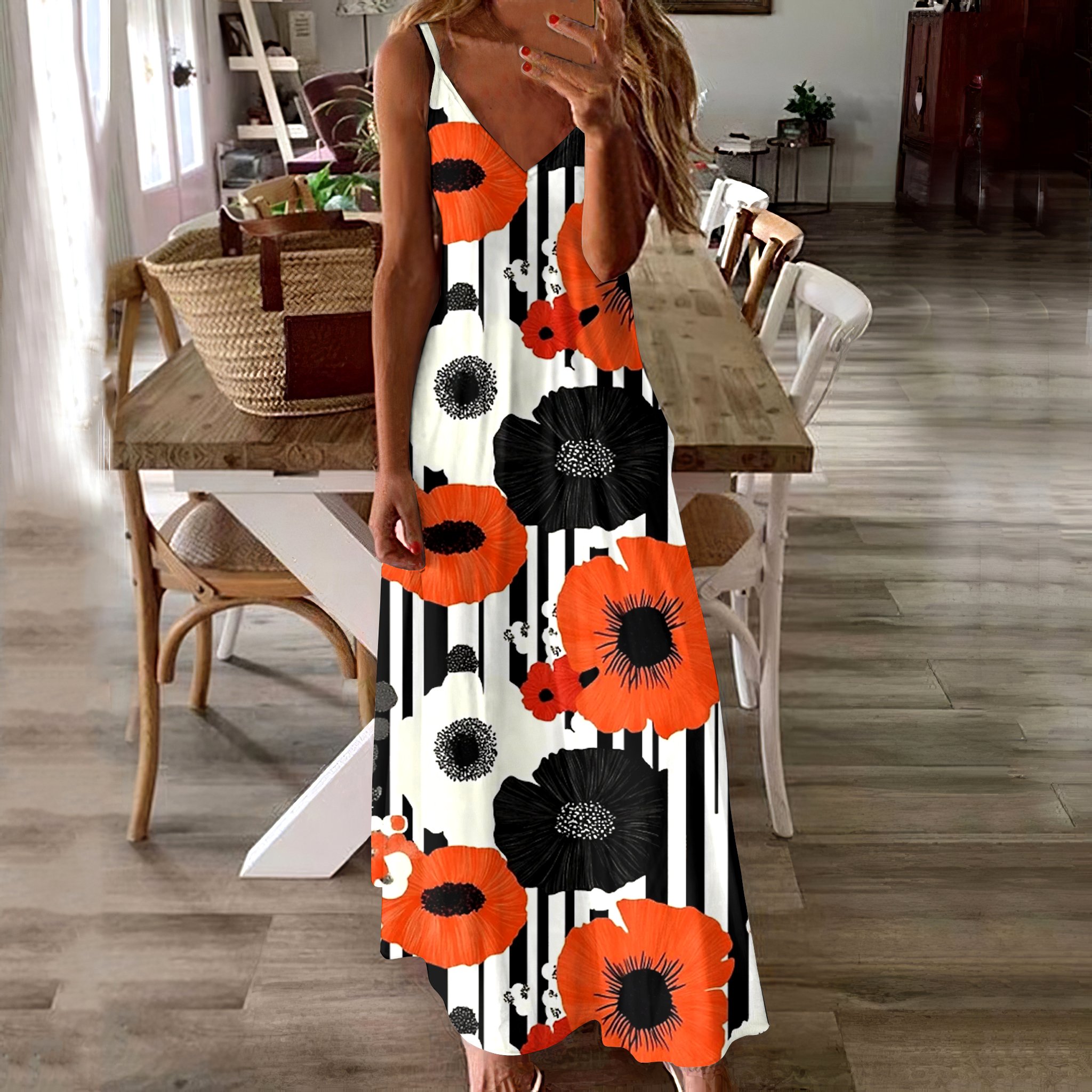 Women Geometric Spaghetti Sleeveless Comfy Casual Maxi Dress