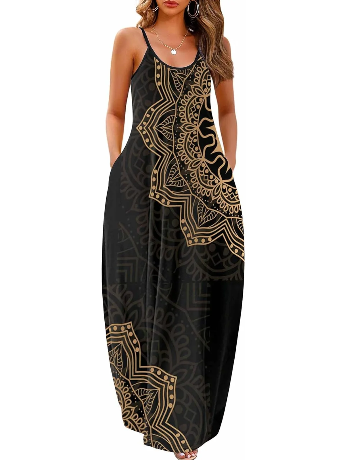 Women Floral Crew Neck Gallus Comfy Casual Maxi Dress