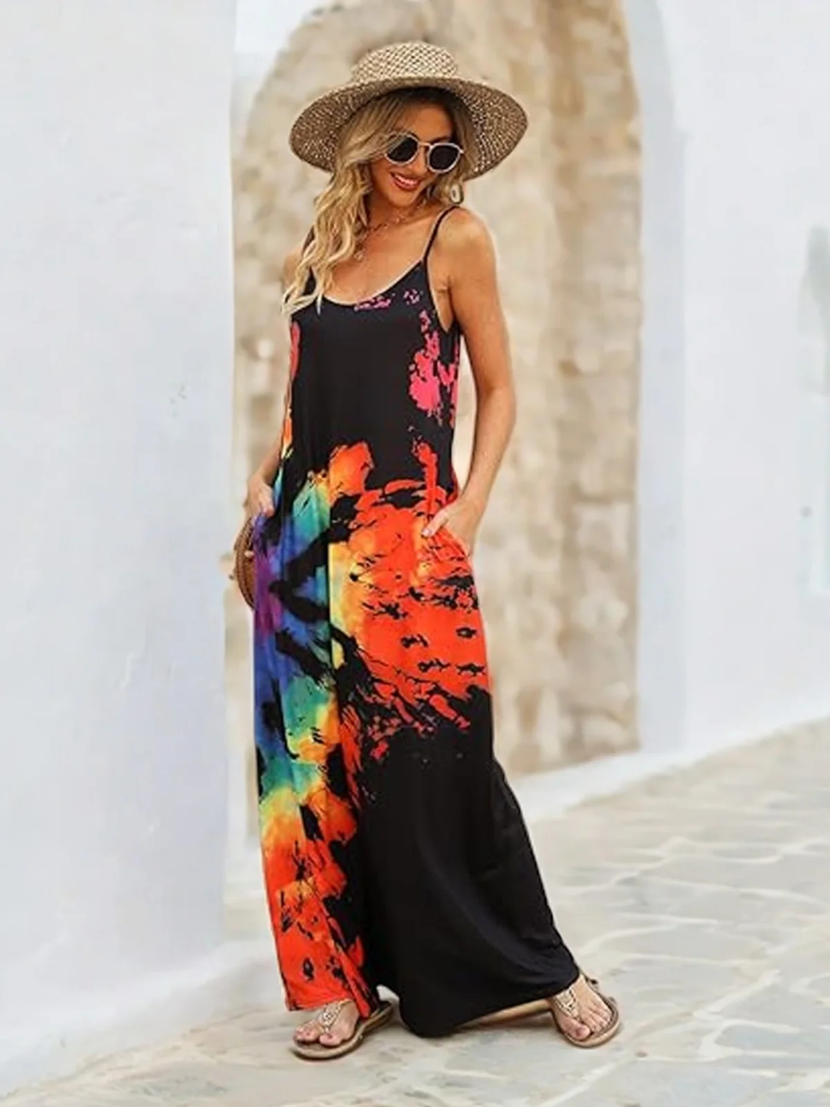 Women Tie Dye Crew Neck Gallus Comfy Casual Maxi Dress