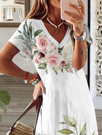 Women Sundress Floral V Neck Short Sleeve Comfy Casual Printing Maxi Dress