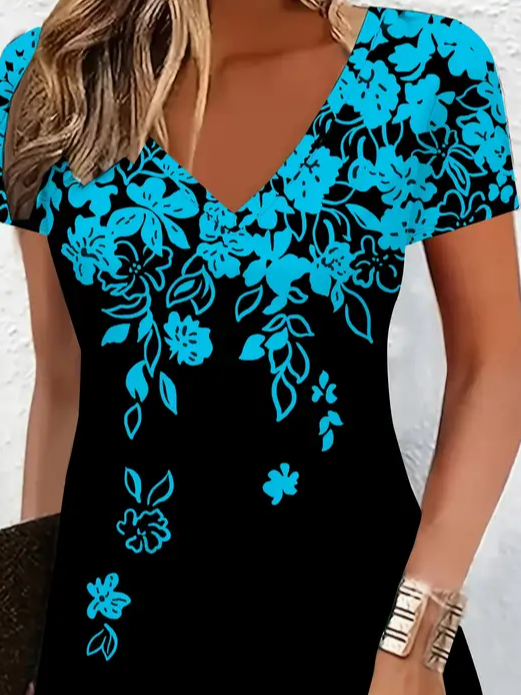 Women Floral V Neck Short Sleeve Comfy Casual Printing Midi Dress