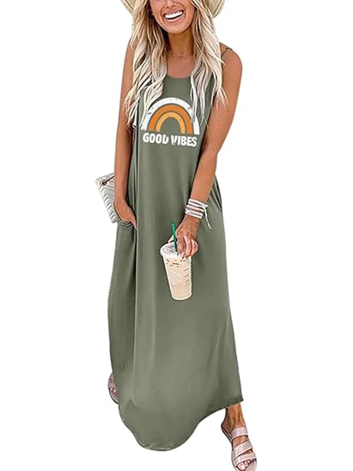 Women Geometric Crew Neck Gallus Comfy Casual Maxi Dress