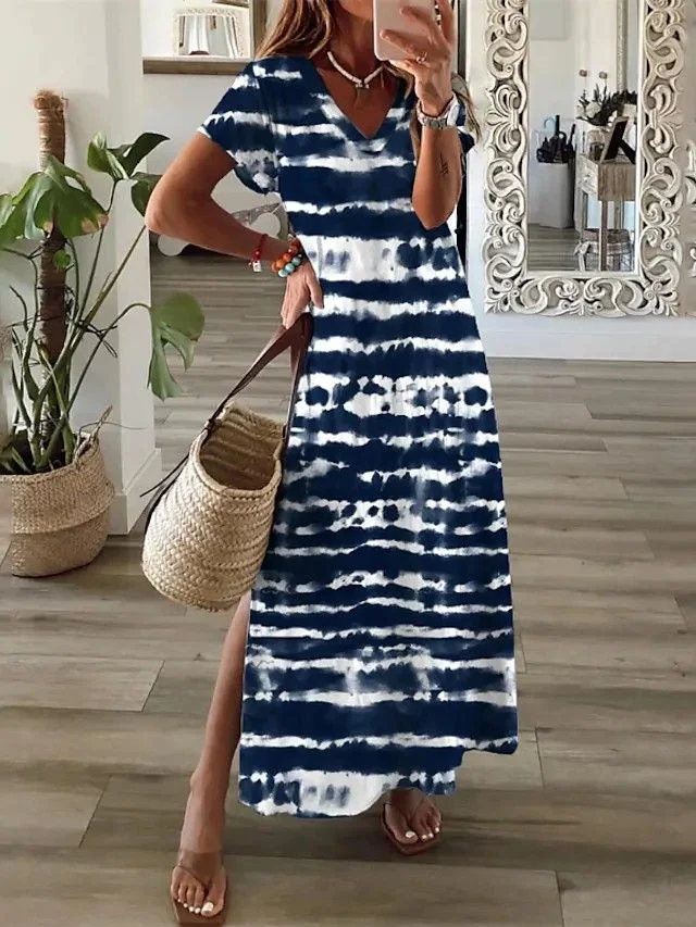 Women Abstract V Neck Short Sleeve Comfy Casual Printing Maxi Dress