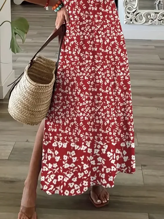 Women Sundress Floral V Neck Short Sleeve Comfy Casual Maxi Dress