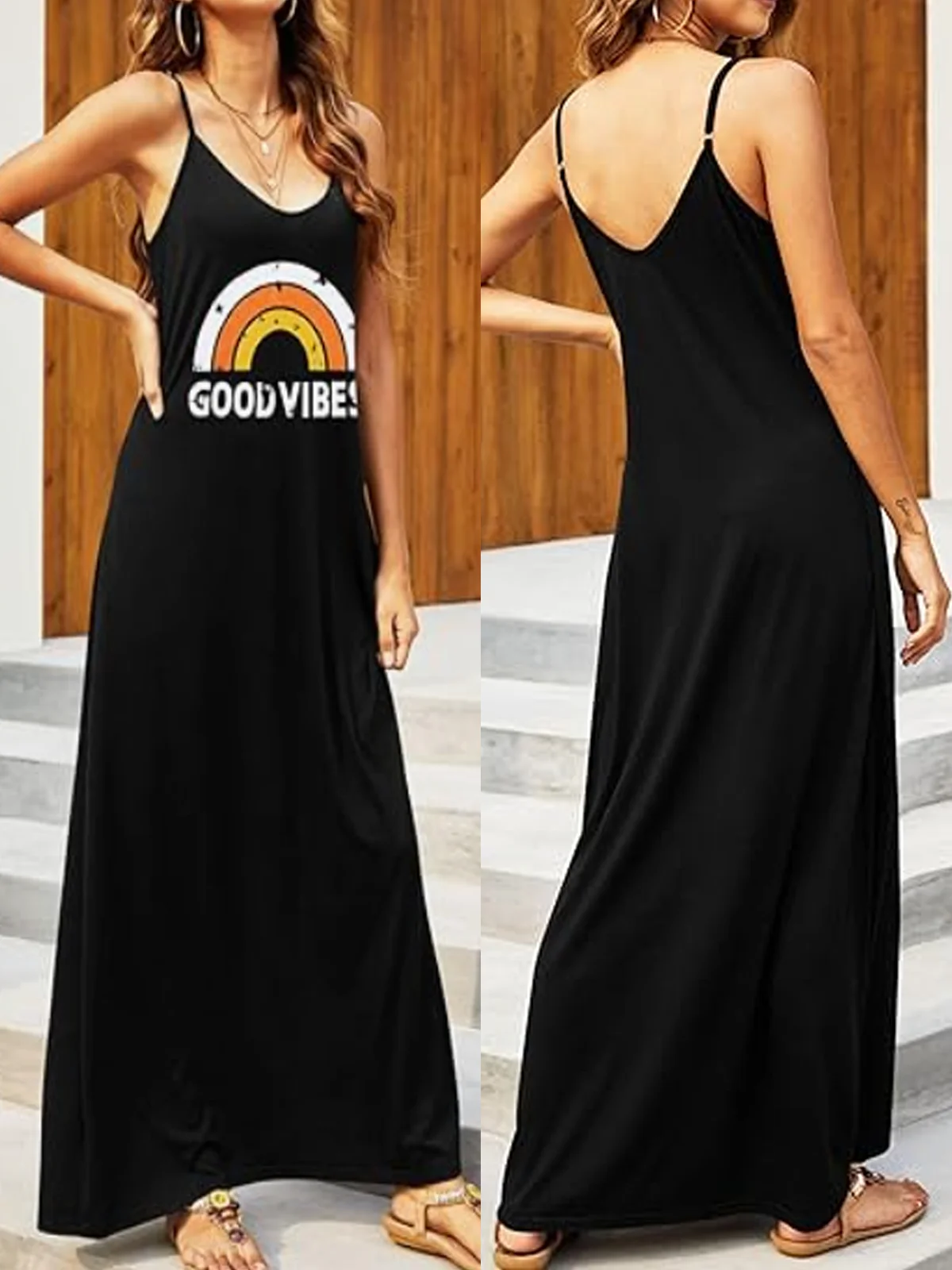 Women Geometric Crew Neck Gallus Comfy Casual Maxi Dress