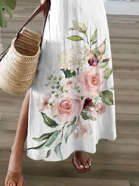 Women Sundress Floral V Neck Short Sleeve Comfy Casual Printing Maxi Dress