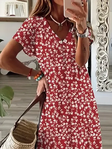 Women Sundress Floral V Neck Short Sleeve Comfy Casual Maxi Dress