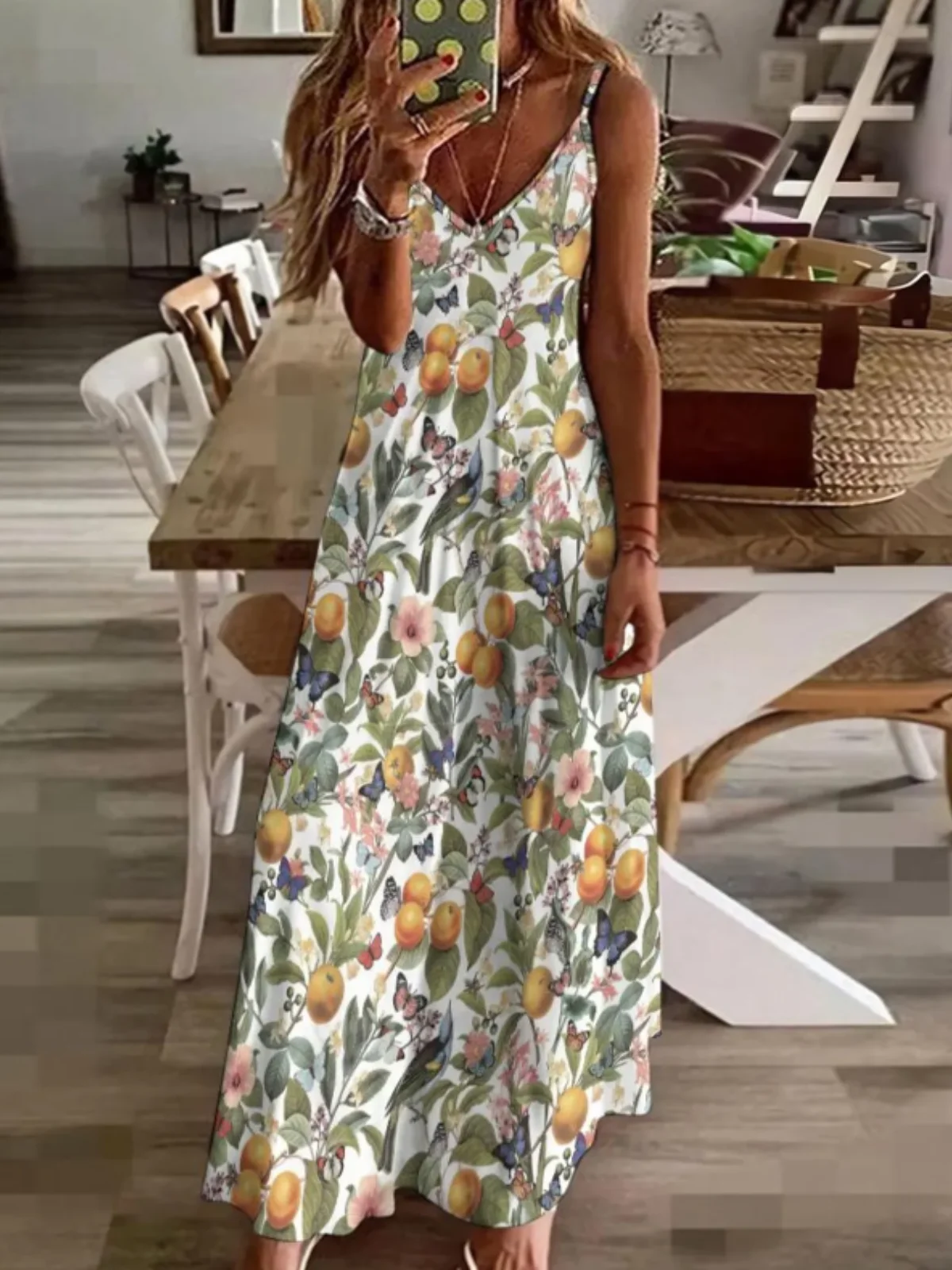 Vacation Sundress Oranges Sling V Neck Comfy Casual Summer Maxi Dress