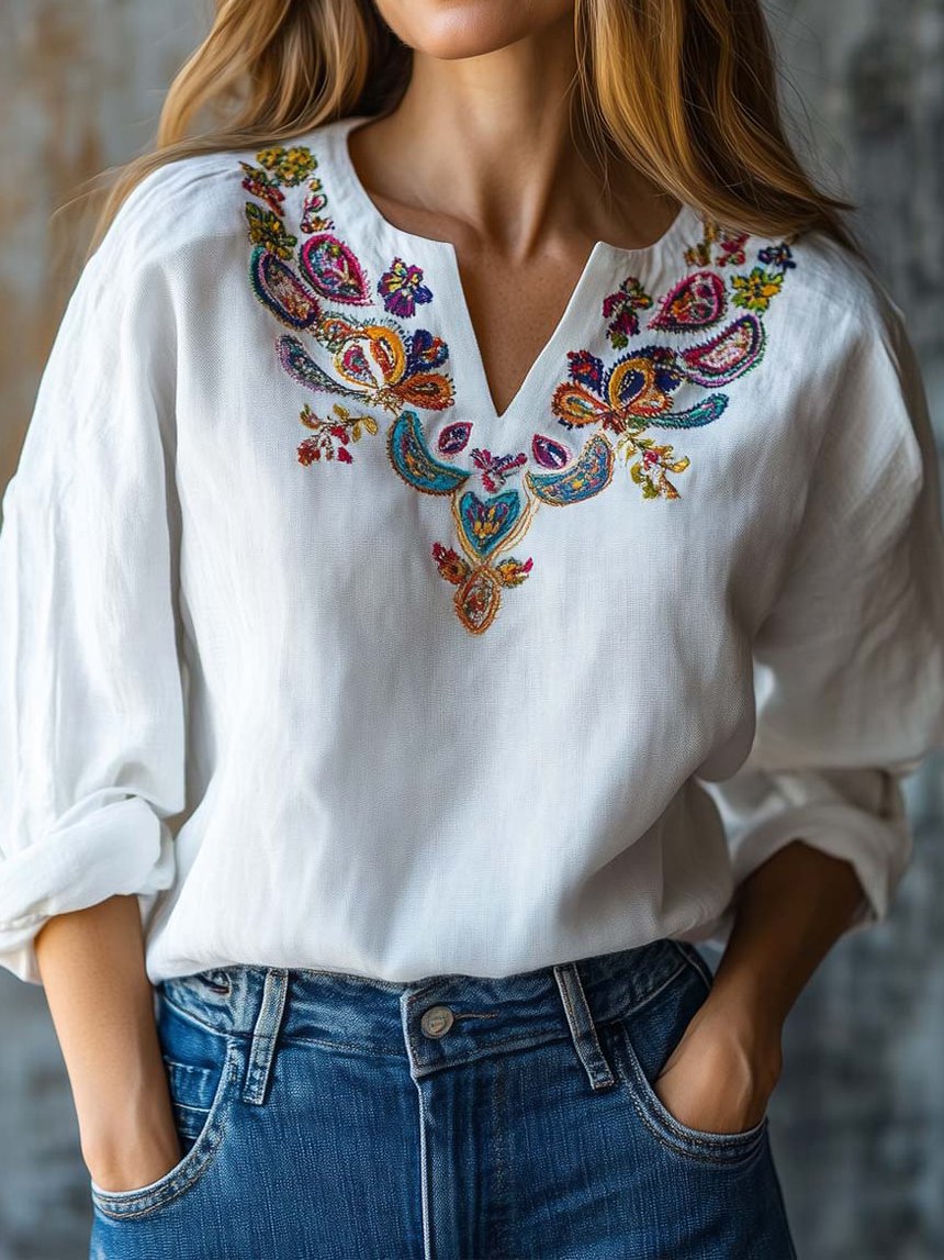 V Neck Long Sleeve Floral Regular Micro-Elasticity Regular Fit Shirt For Women