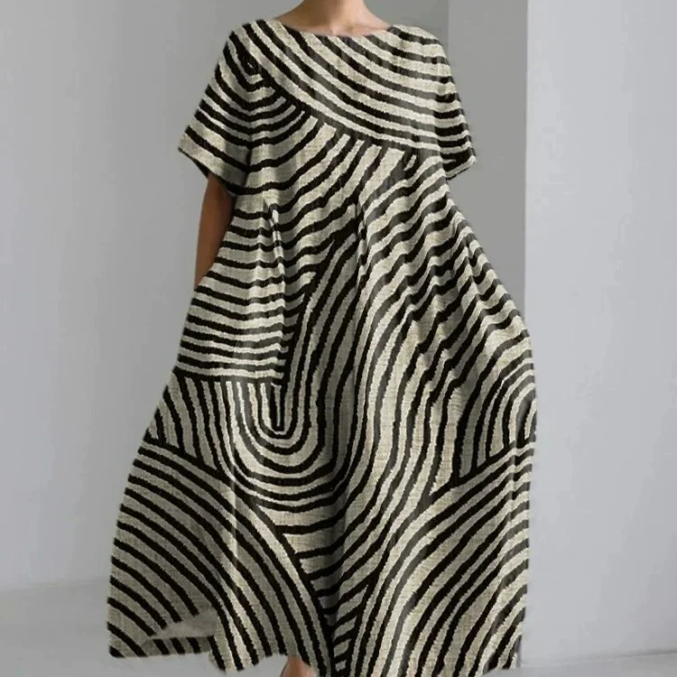 Women Striped Crew Neck Short Sleeve Comfy Casual Maxi Dress