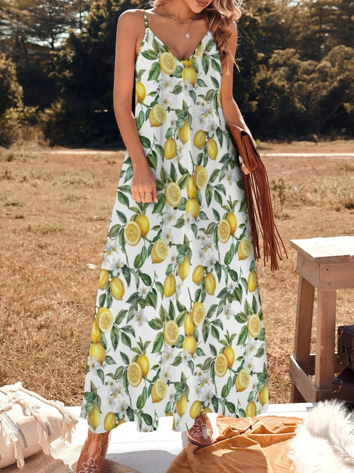 Women Vacation Sundress Lemon Sling V Neck Comfy Casual Maxi Dress