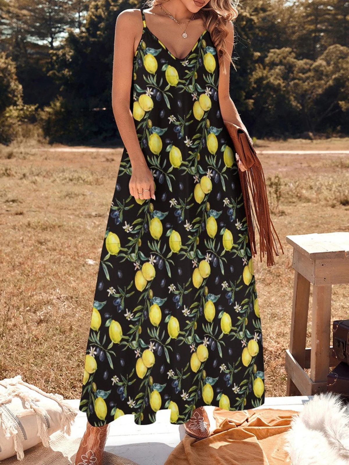 Women Vacation Sundress Lemon Sling V Neck Comfy Casual Maxi Dress