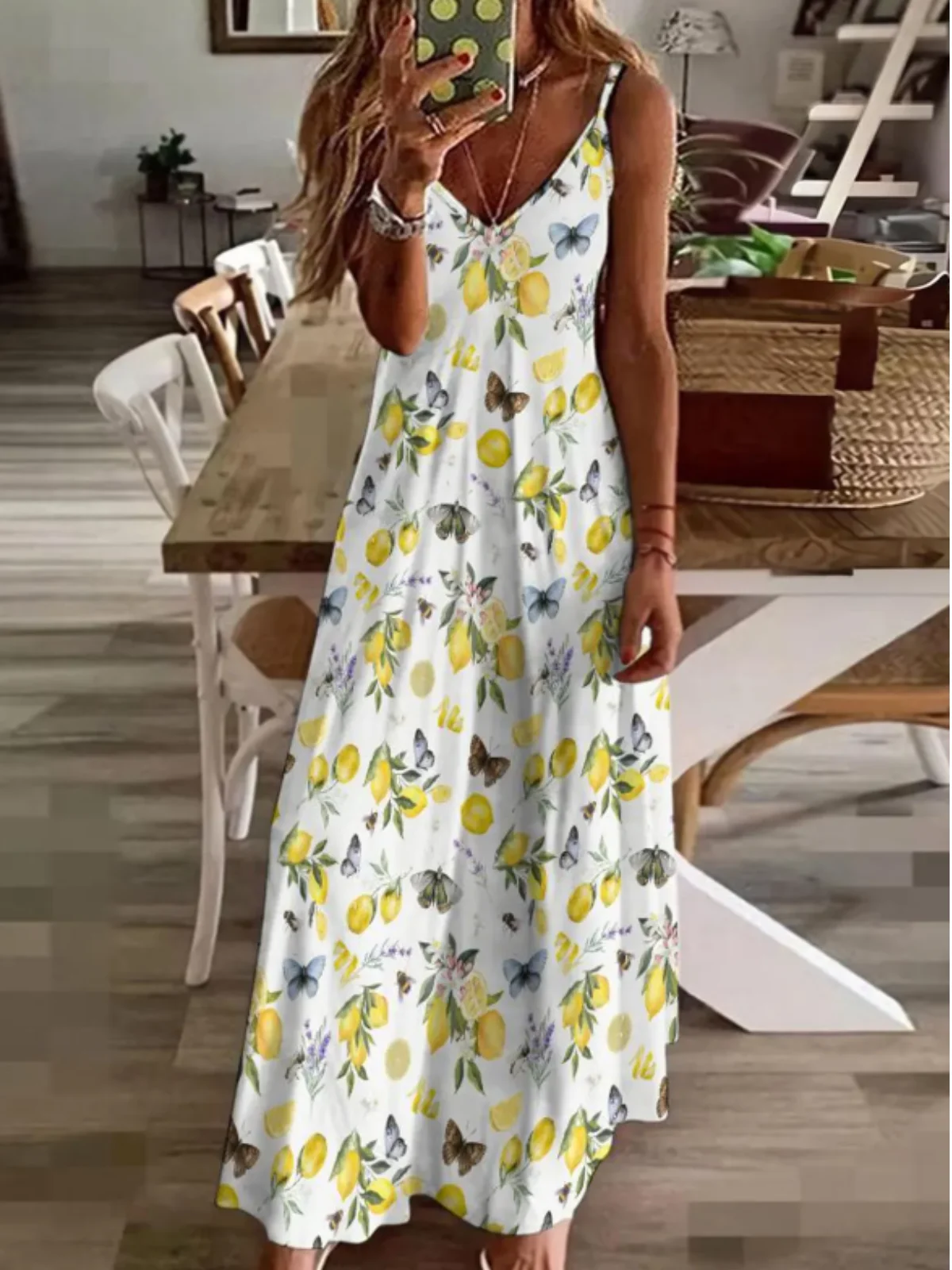 Women Vacation Sundress Lemon Sling V Neck Comfy Casual Maxi Dress