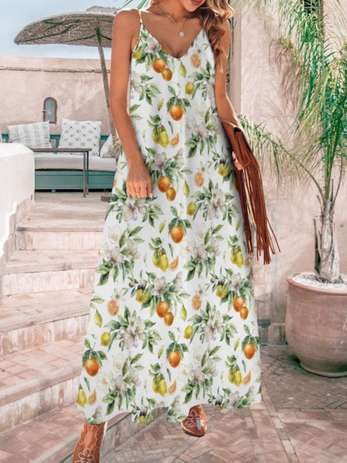 Vacation Sundress Oranges Sling V Neck Comfy Casual Summer Maxi Dress