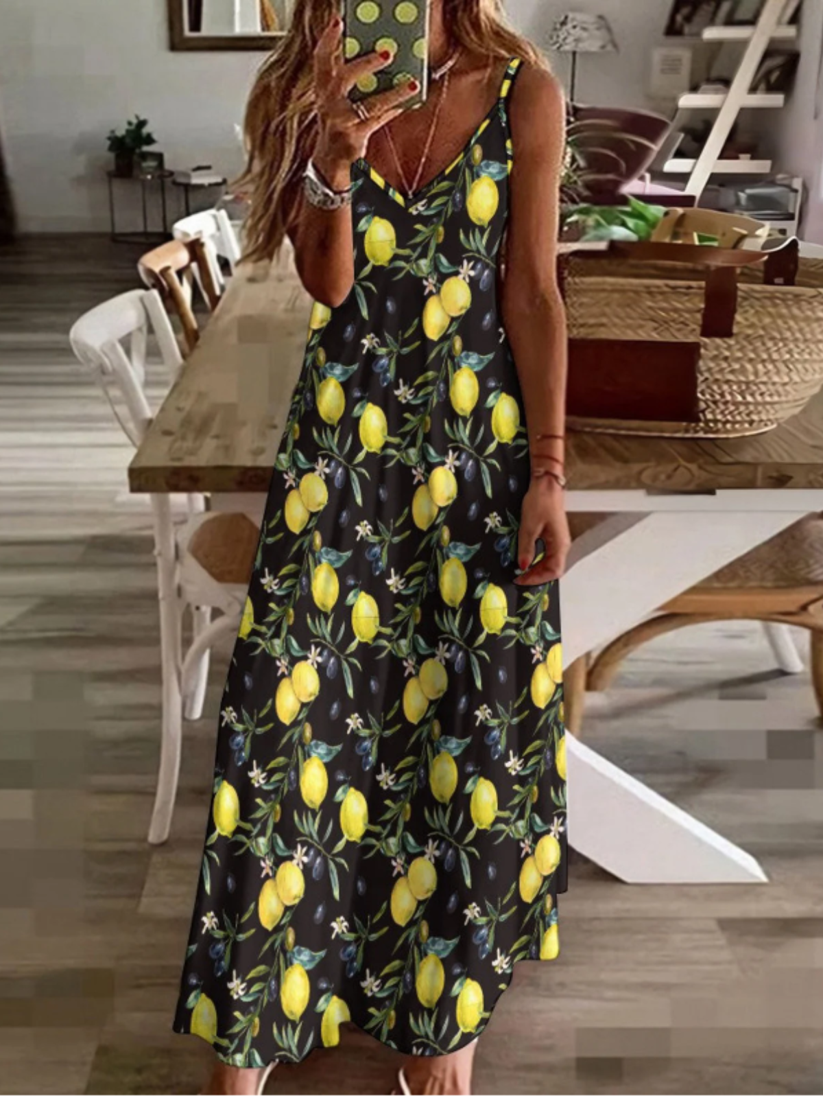 Women Vacation Sundress Lemon Sling V Neck Comfy Casual Maxi Dress
