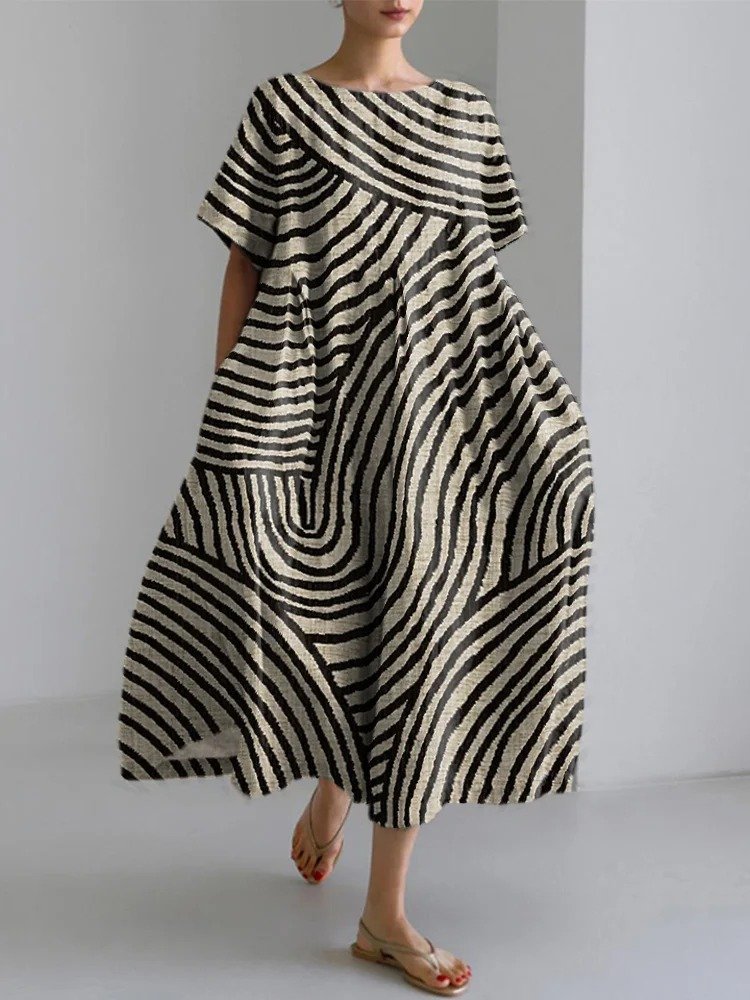 Women Striped Crew Neck Short Sleeve Comfy Casual Maxi Dress