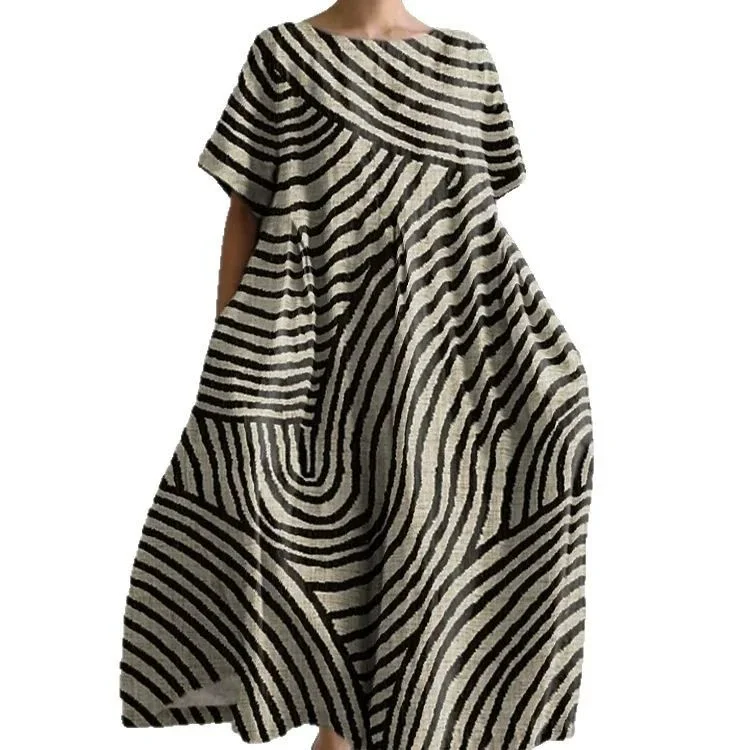 Women Striped Crew Neck Short Sleeve Comfy Casual Maxi Dress