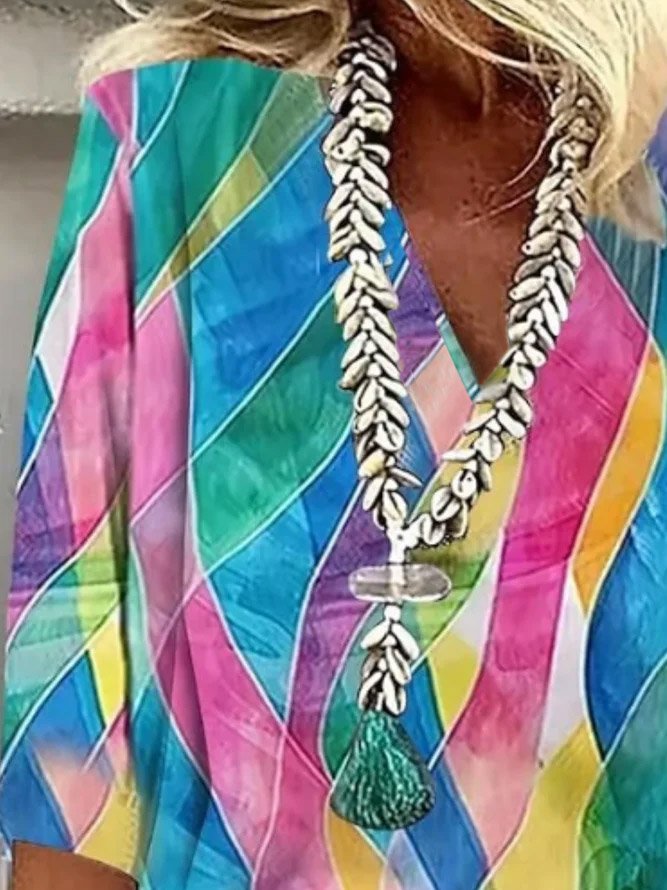 Shawl Collar Half Sleeve Color Block Regular Loose Blouse For Women