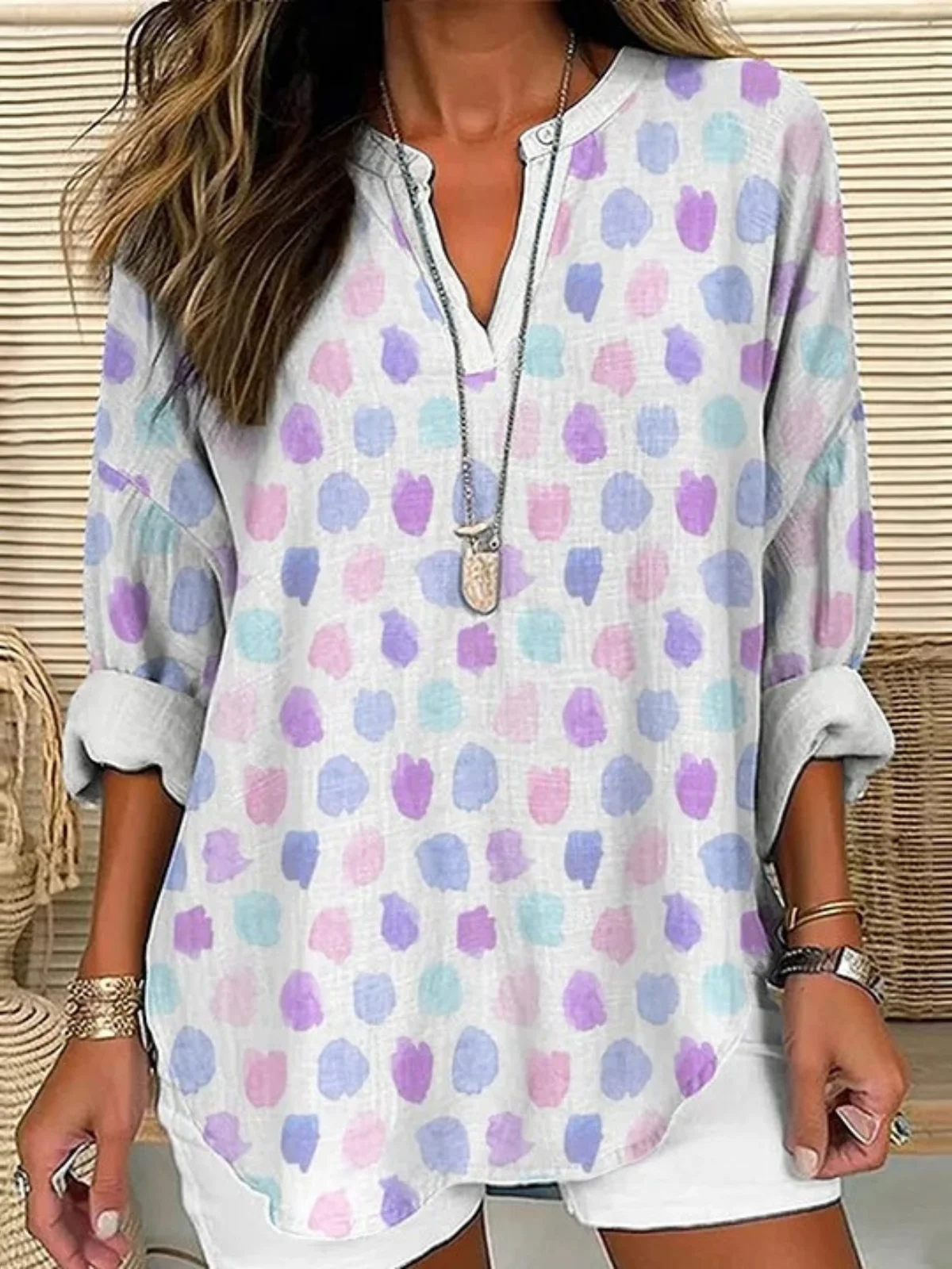 Shawl Collar Half Sleeve Geometric Regular Loose Blouse For Women