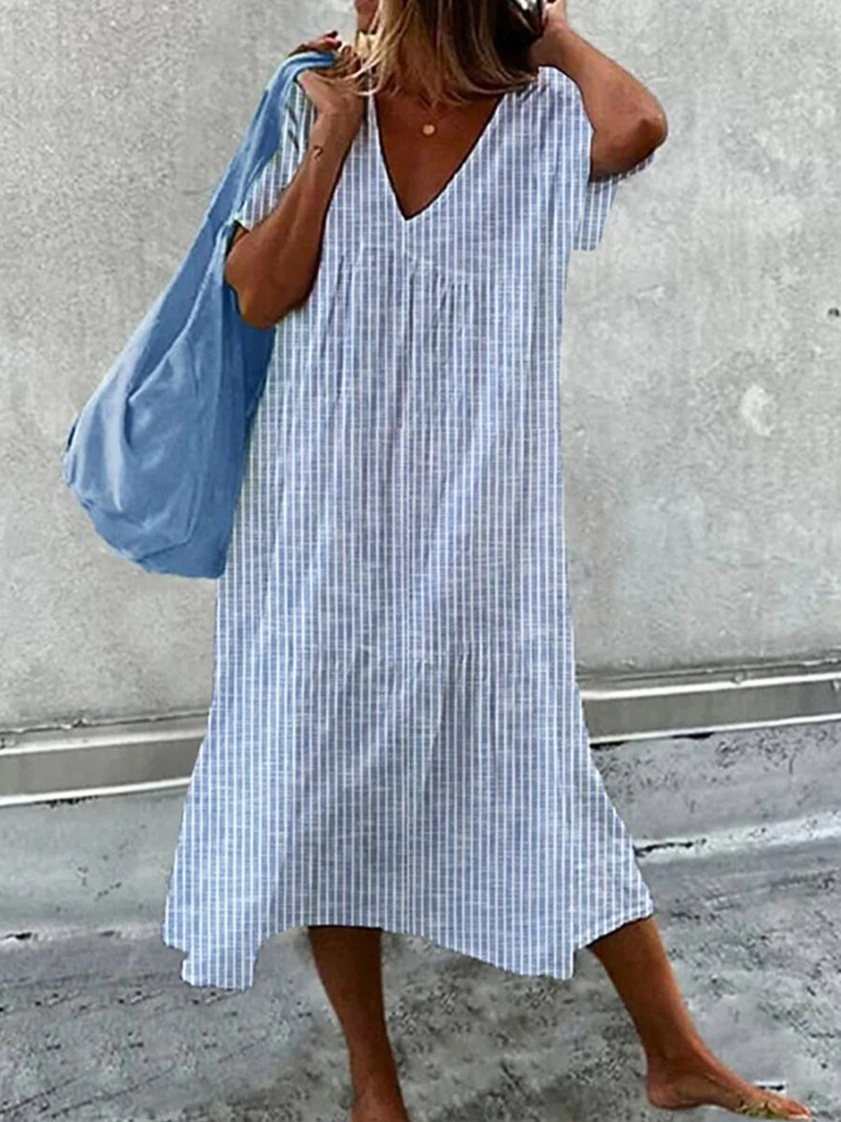 Women Vacation Striped Print V Neck Comfy Casual Maxi Dress