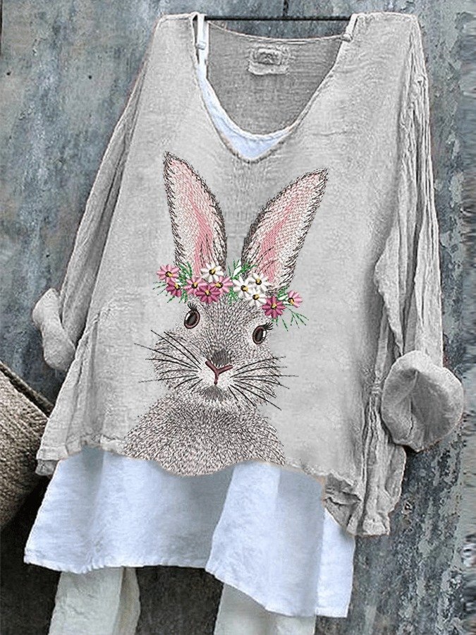 Vintage Easter (rabbit) V Neck Long Sleeve T-shirt