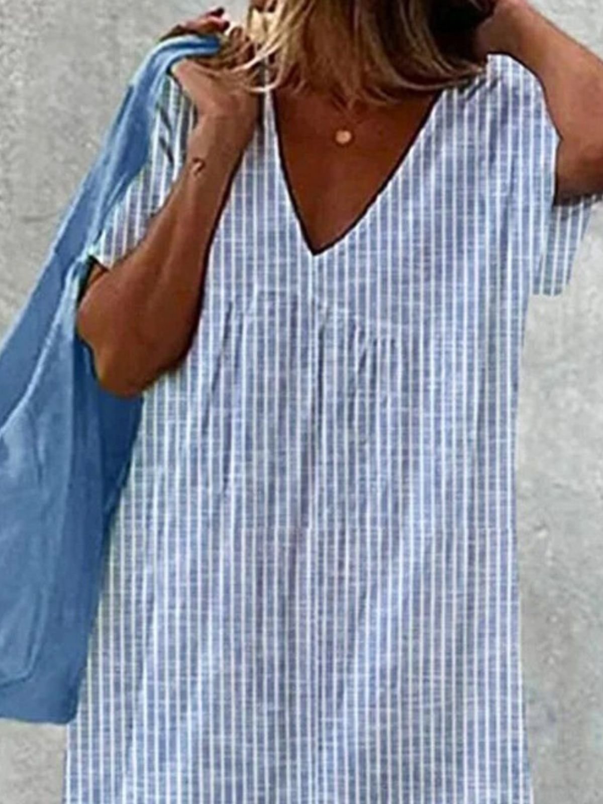Women Vacation Striped Print V Neck Comfy Casual Maxi Dress