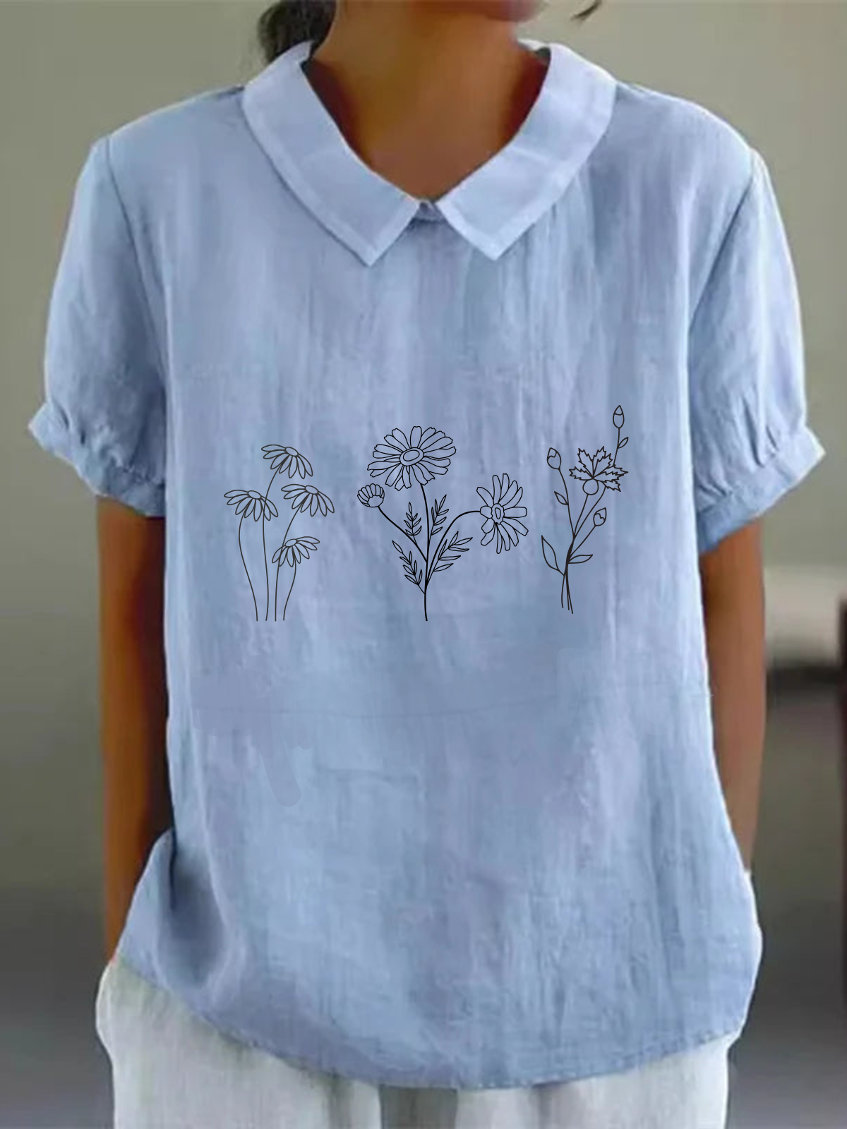 Casual Cotton Simple Floral Daisy Print Loose Blouse For Women