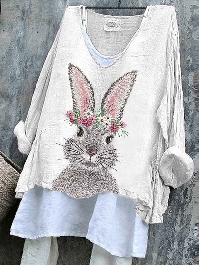 Vintage Easter (rabbit) V Neck Long Sleeve T-shirt