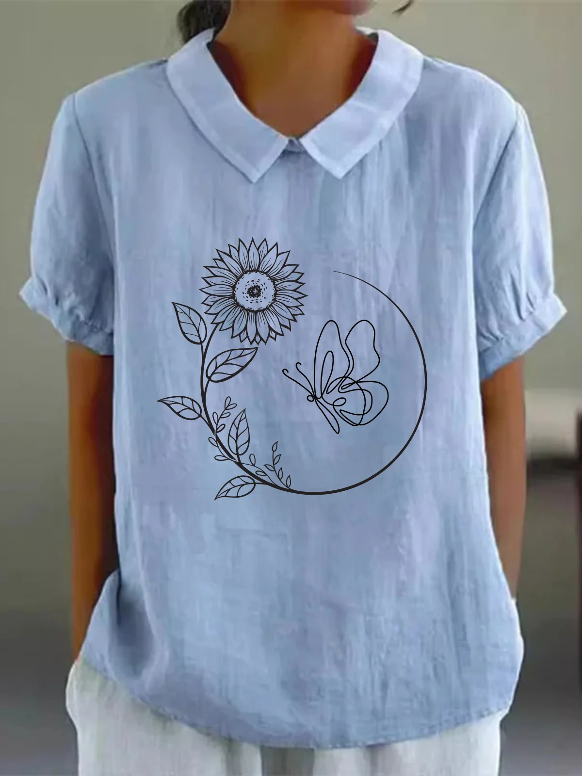 Casual Cotton Simple Floral Sunflower Butterfly Print Loose Blouse For Women