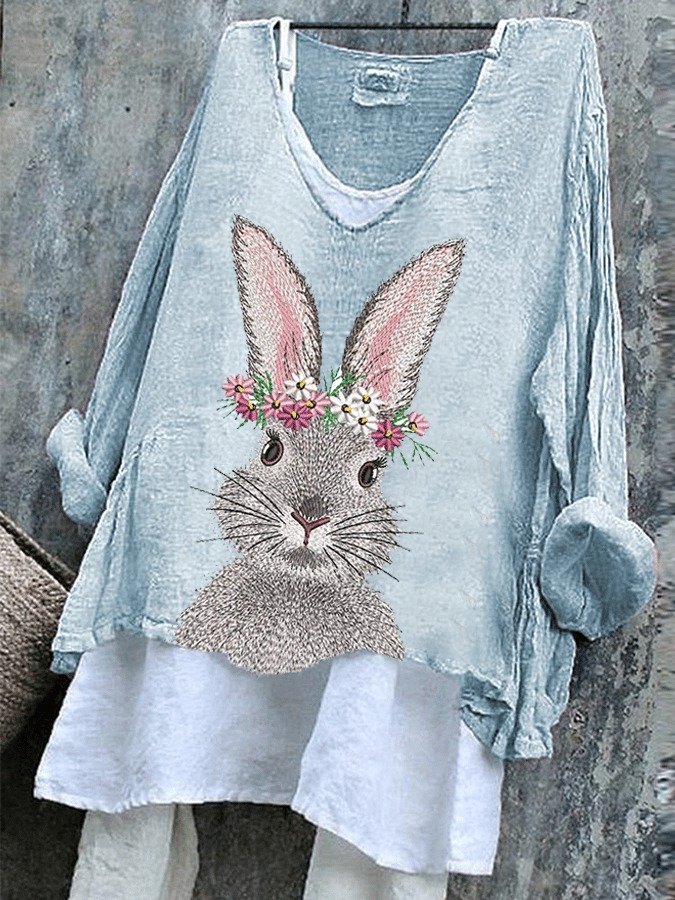Vintage Easter (rabbit) V Neck Long Sleeve T-shirt