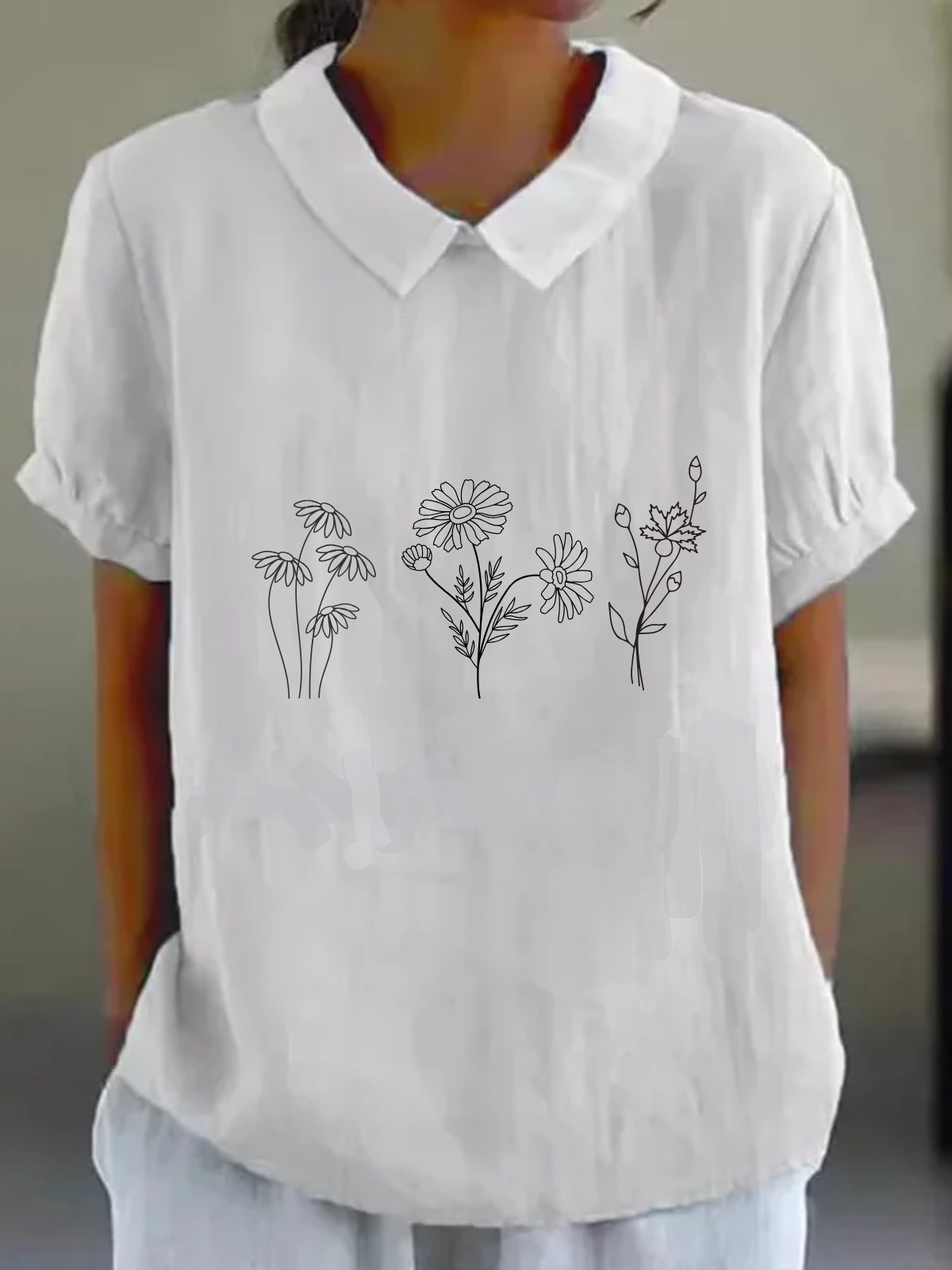 Casual Cotton Simple Floral Daisy Print Loose Blouse For Women