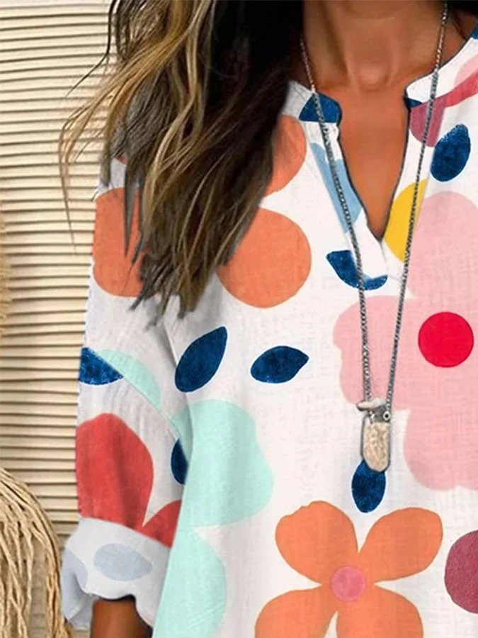 Shawl Collar Half Sleeve Floral Regular Loose Blouse For Women