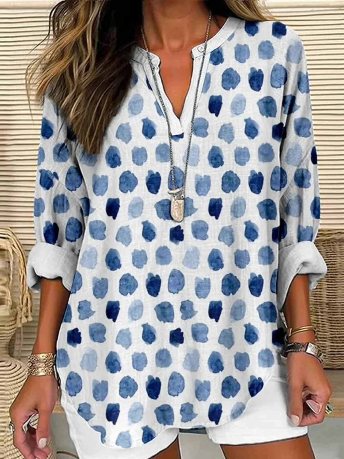 Shawl Collar Half Sleeve Geometric Regular Loose Blouse For Women