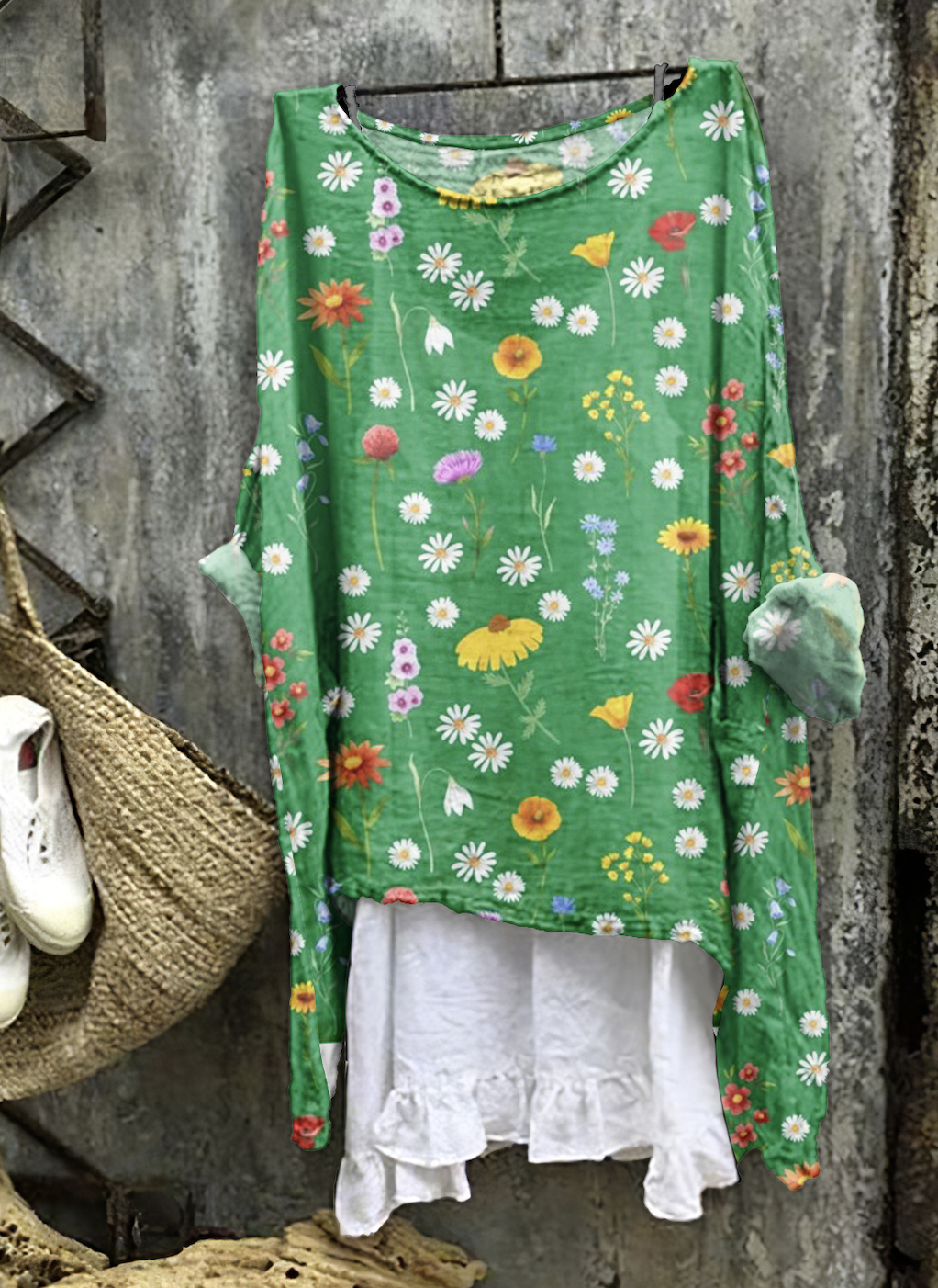 Women Floral Crew Neck Long Sleeve Comfy Casual Midi Dress