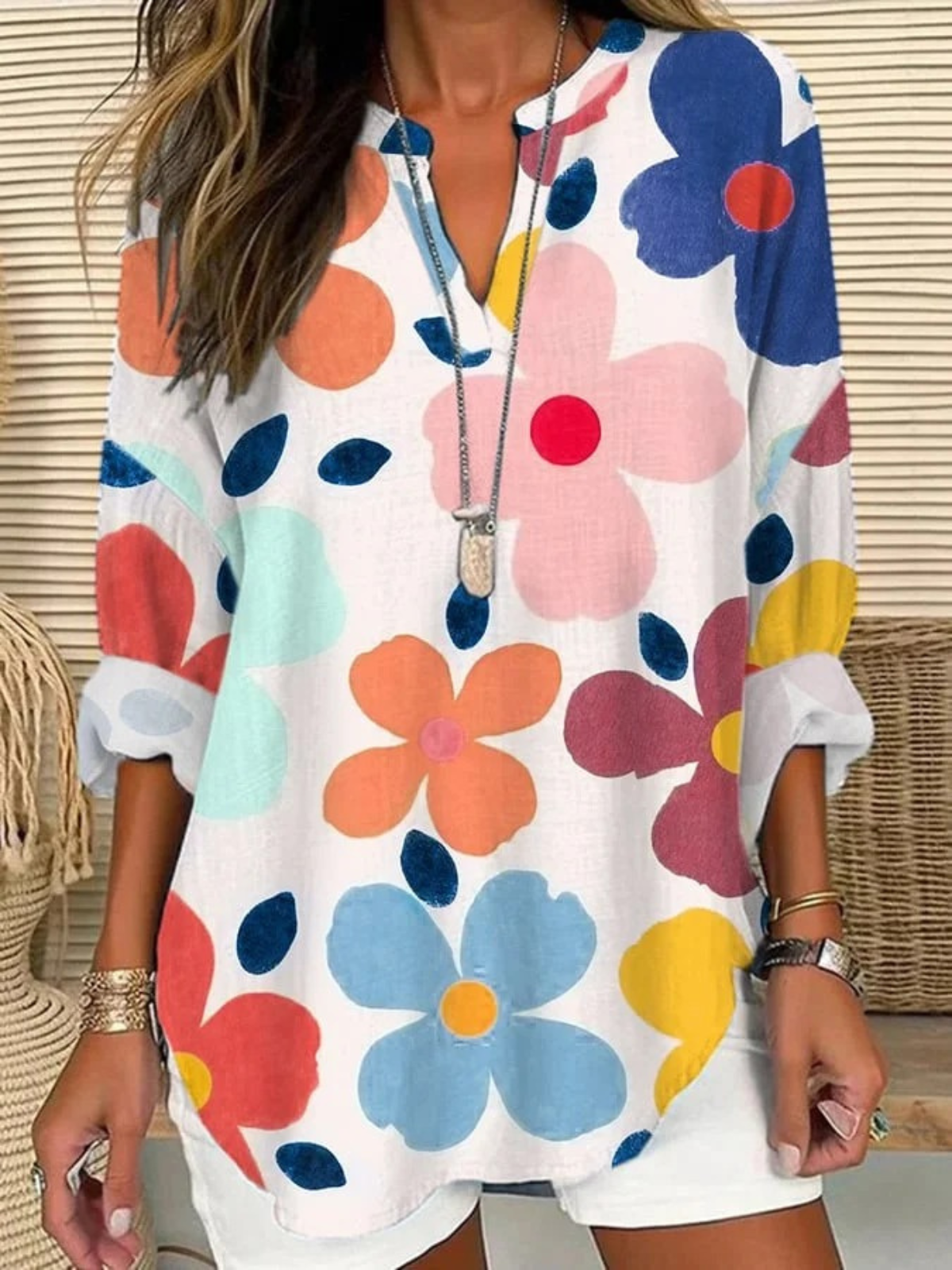 Shawl Collar Half Sleeve Floral Regular Loose Blouse For Women