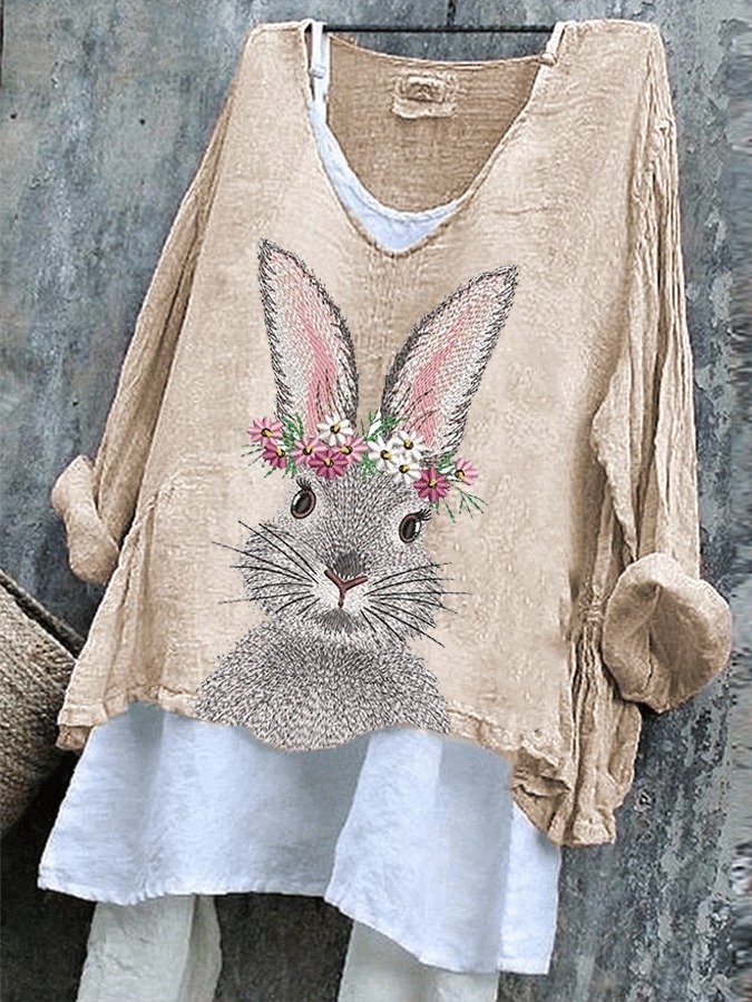 Vintage Easter (rabbit) V Neck Long Sleeve T-shirt