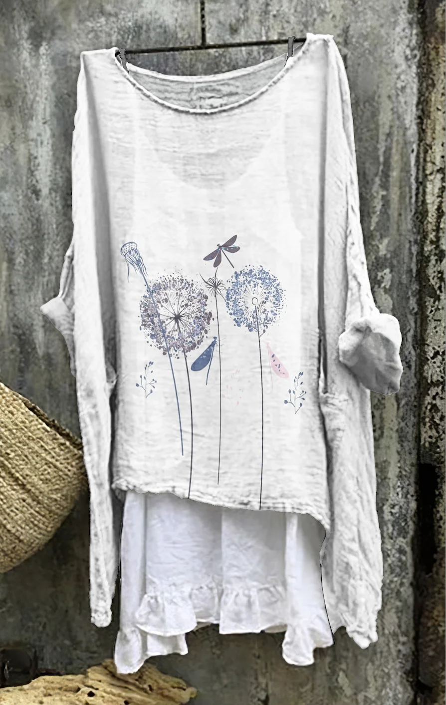 Women Floral Crew Neck Long Sleeve Comfy Casual Midi Dress