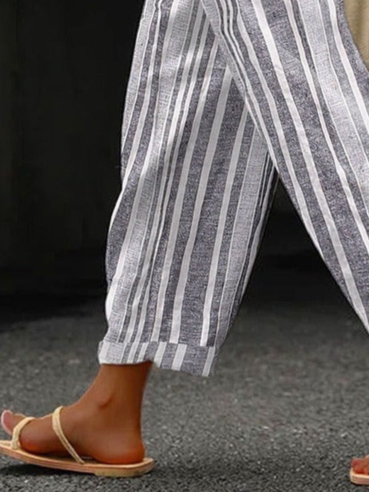 Casual Striped Printed Cotton and Linen Daily Long Pants
