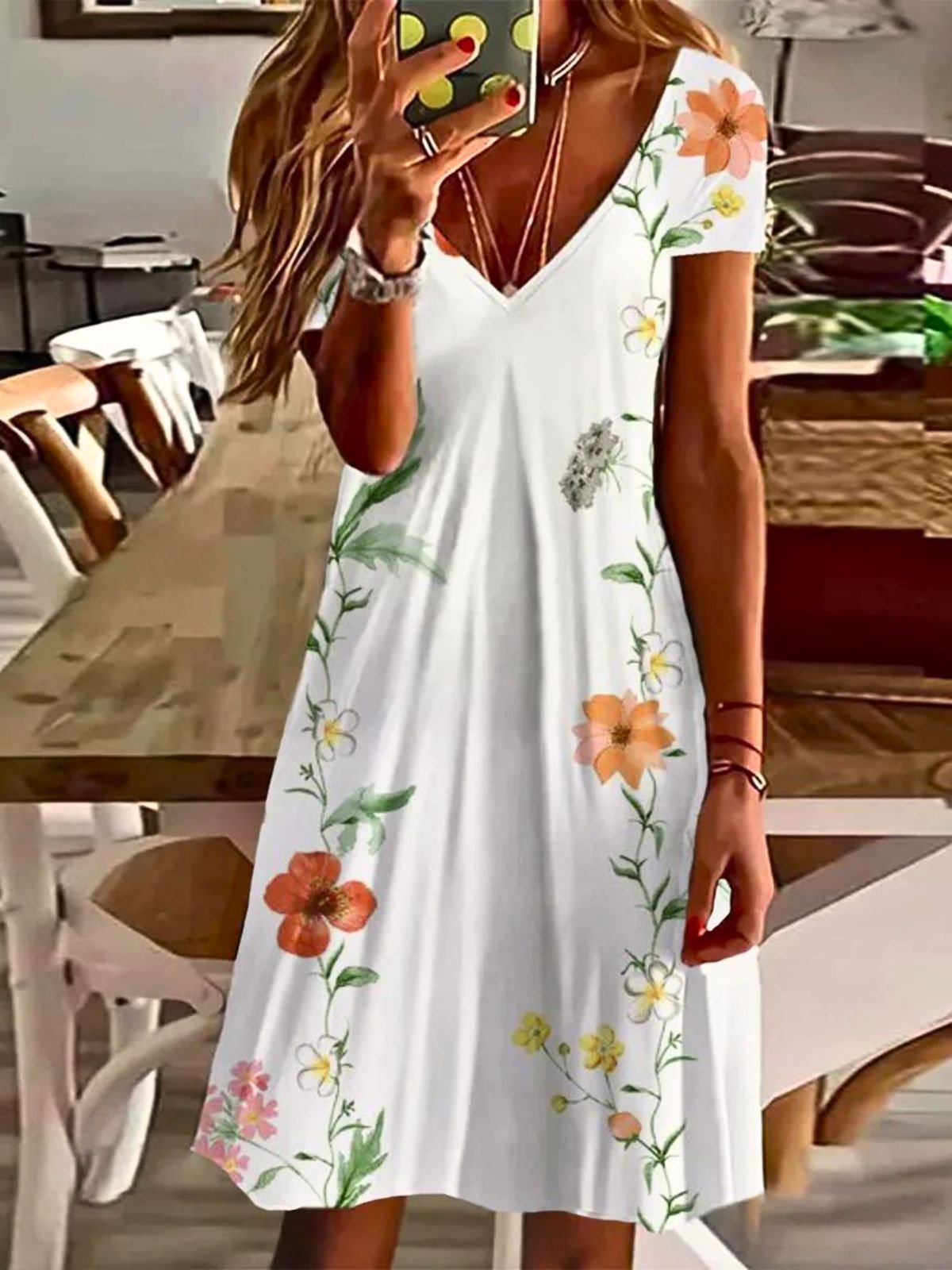 Vacation Sundress Floral V Neck Short Sleeve Comfy Casual Midi Dress