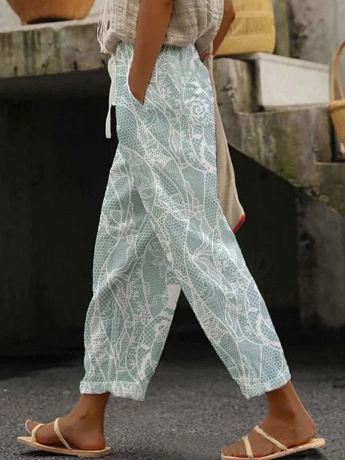 Casual Floral Cotton and Linen Daily Women Long Pants